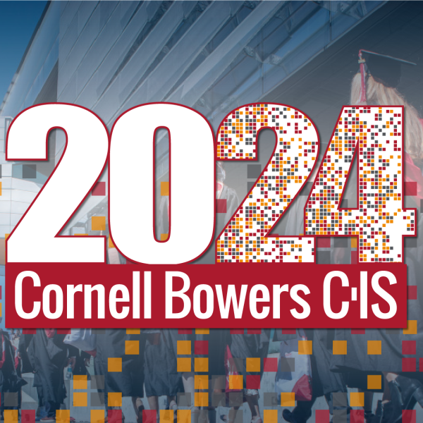 A color photo showing graduates walking outside of Gates Hall with the text "2024 Cornell Bowers CIS" overlaying it